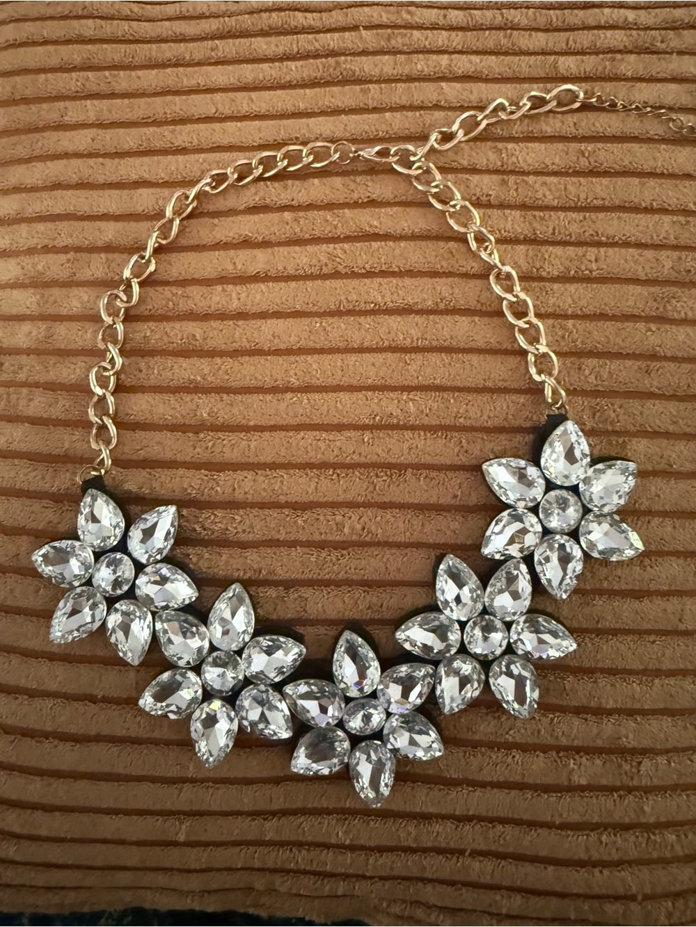 Statement Flower Crystal Bib Necklace - Gold Tone, Clear Crystals